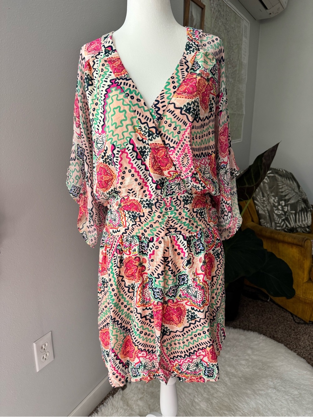 Maeve Anthropologie Siya Kimono Multicolor Mini Dress size 4 colorful abstract